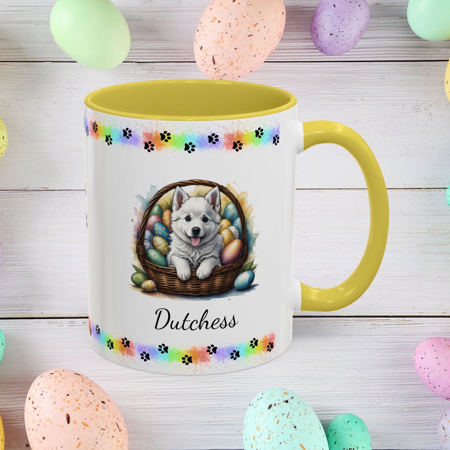 American Eskimo personalized Easter puppy mug, cute dog coffee cup, mental health awareness gift for dog lovers