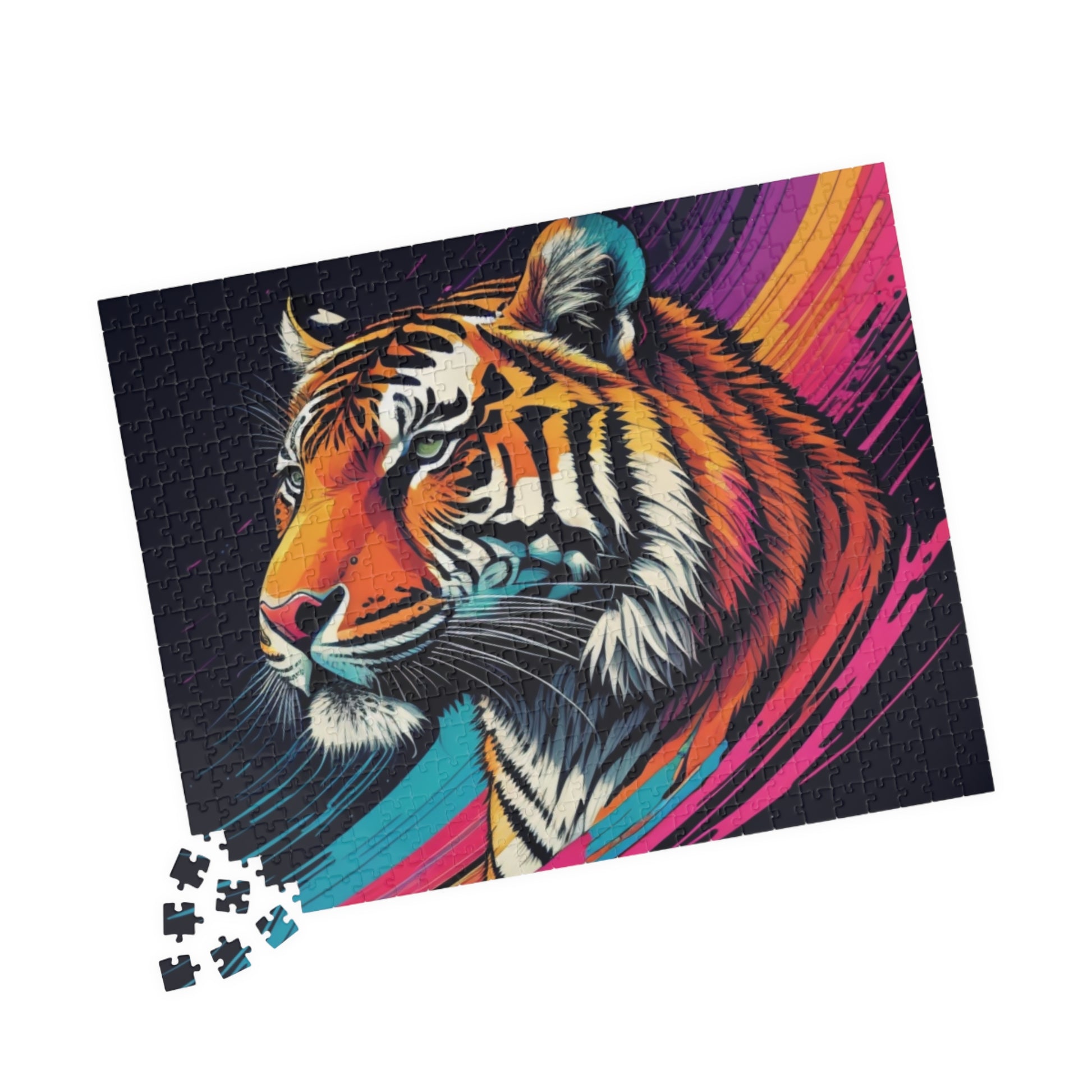 Detailed close-up of tiger stripes, printed on a puzzle that celebrates resilience and natural beauty
