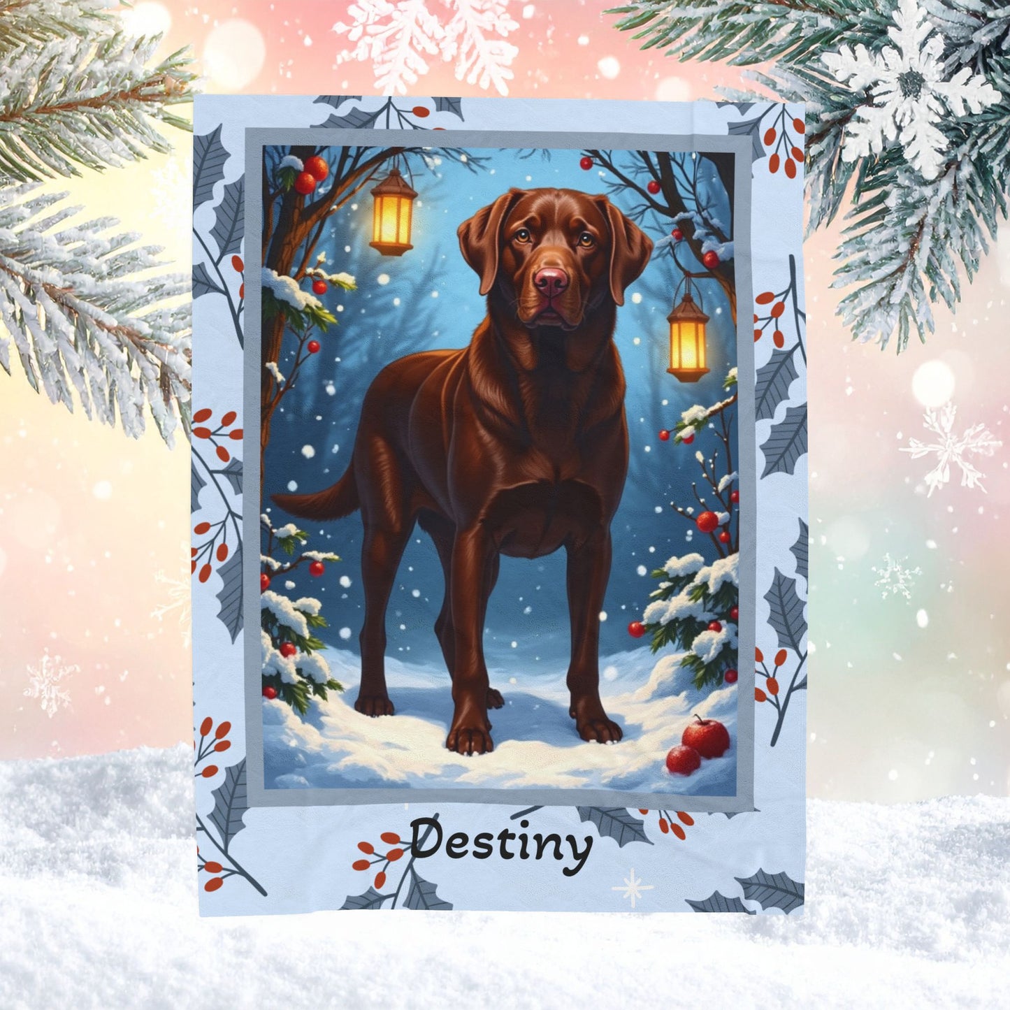 Labrador Retriever Chocolate personalized winter throw with friendly chocolate Lab artwork in a cozy lodge scene
