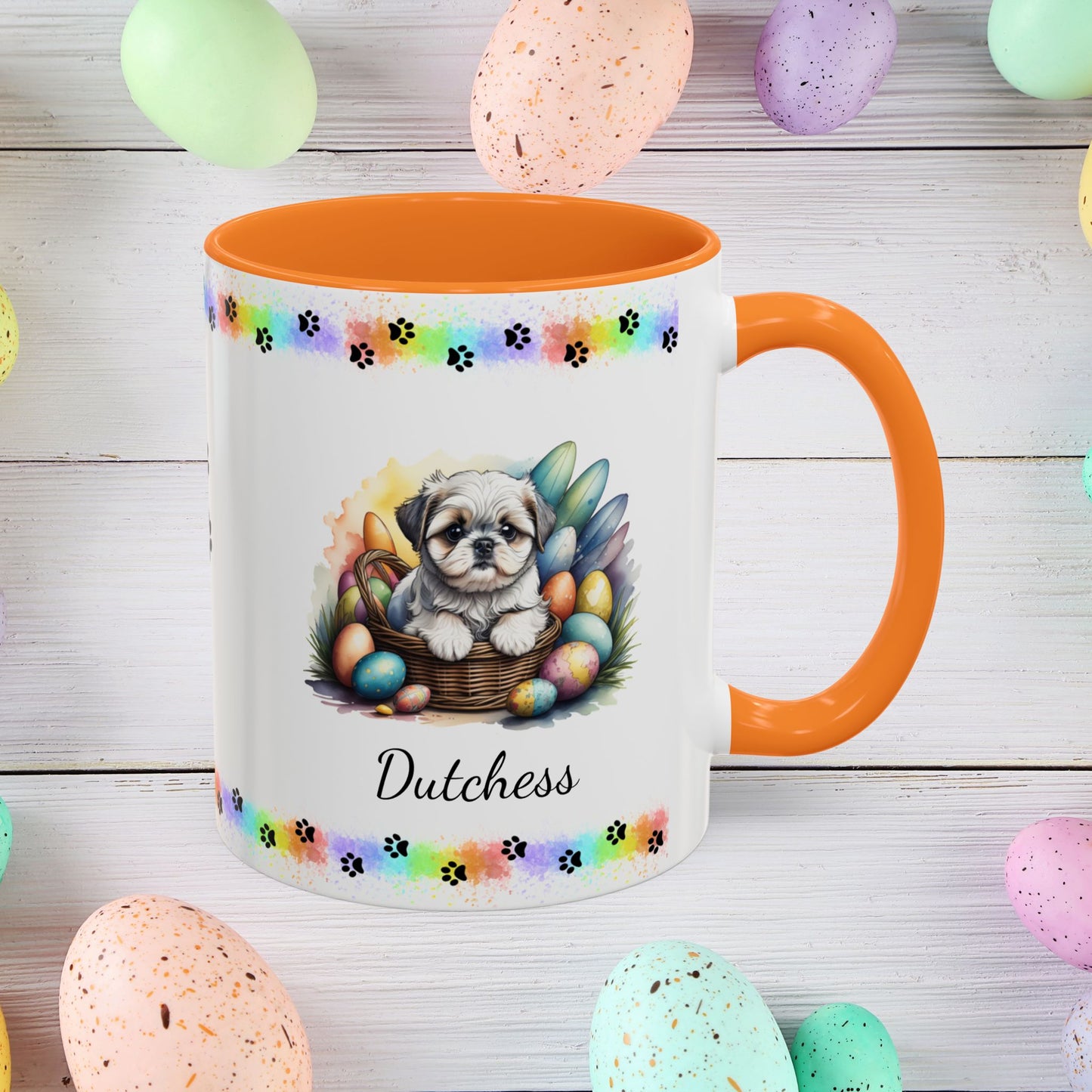 Silver and white Shih Tzu Easter puppy coffee mug, adorable personalized dog gift for comfort, hope, and self-care.