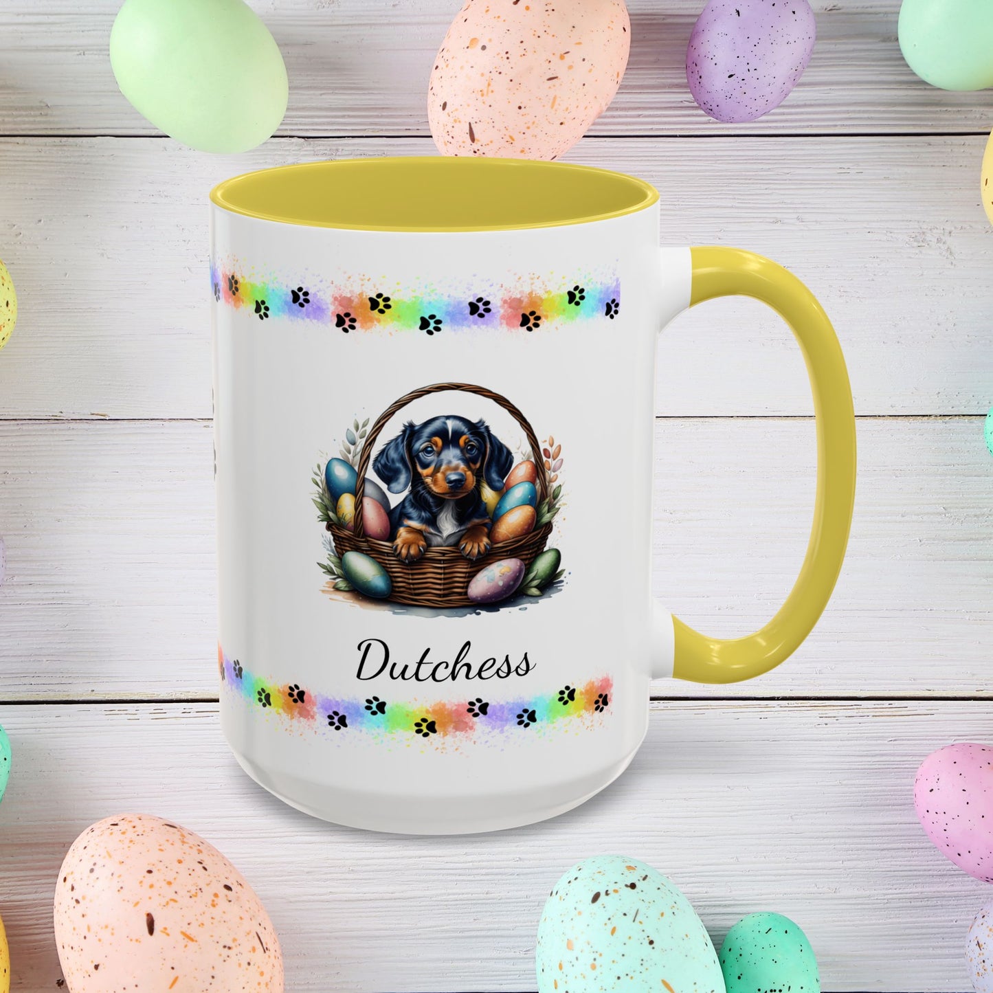 Dachshund personalized Easter puppy mug, cute dog coffee cup gift for mental health awareness and dog lovers