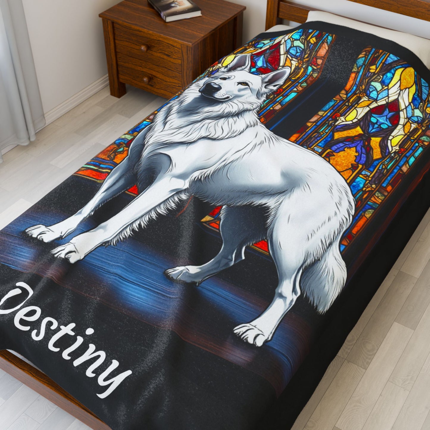 German Shepherd White Coat Velveteen Blanket, Stained Glass Dog Art Throw, Personalized Gift