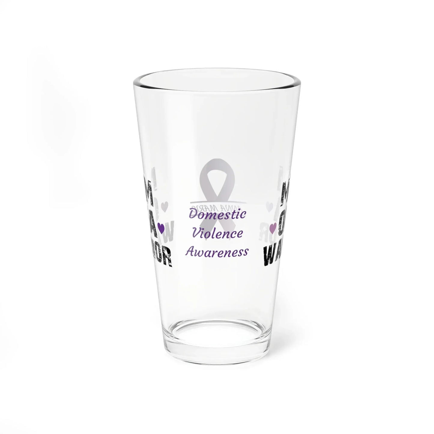 Shop our premium mom of a warrior domestic violence awareness pint glass 16oz from MySisterIsASurvivor.
