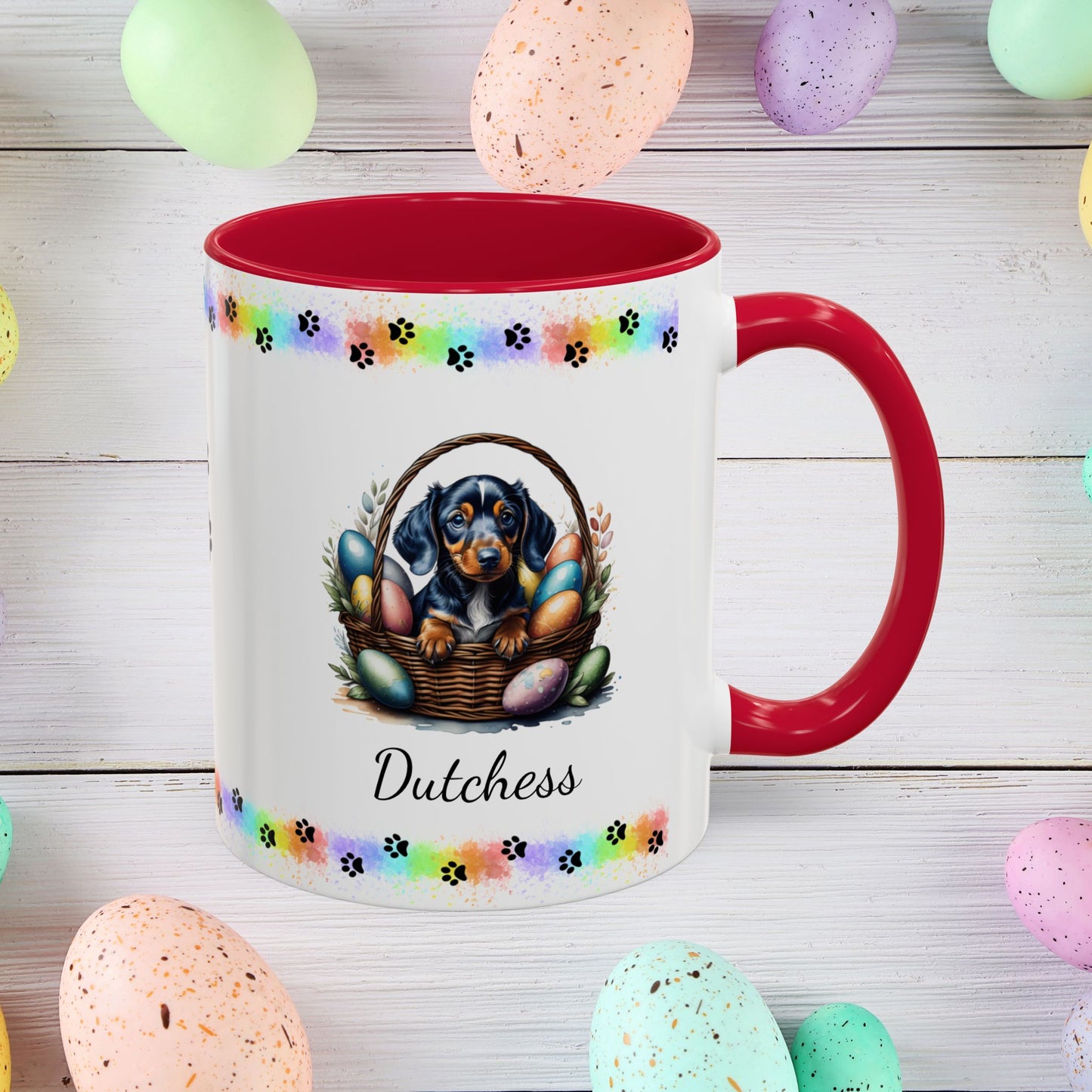 Dachshund personalized Easter puppy mug, cute dog coffee cup gift for mental health awareness and dog lovers