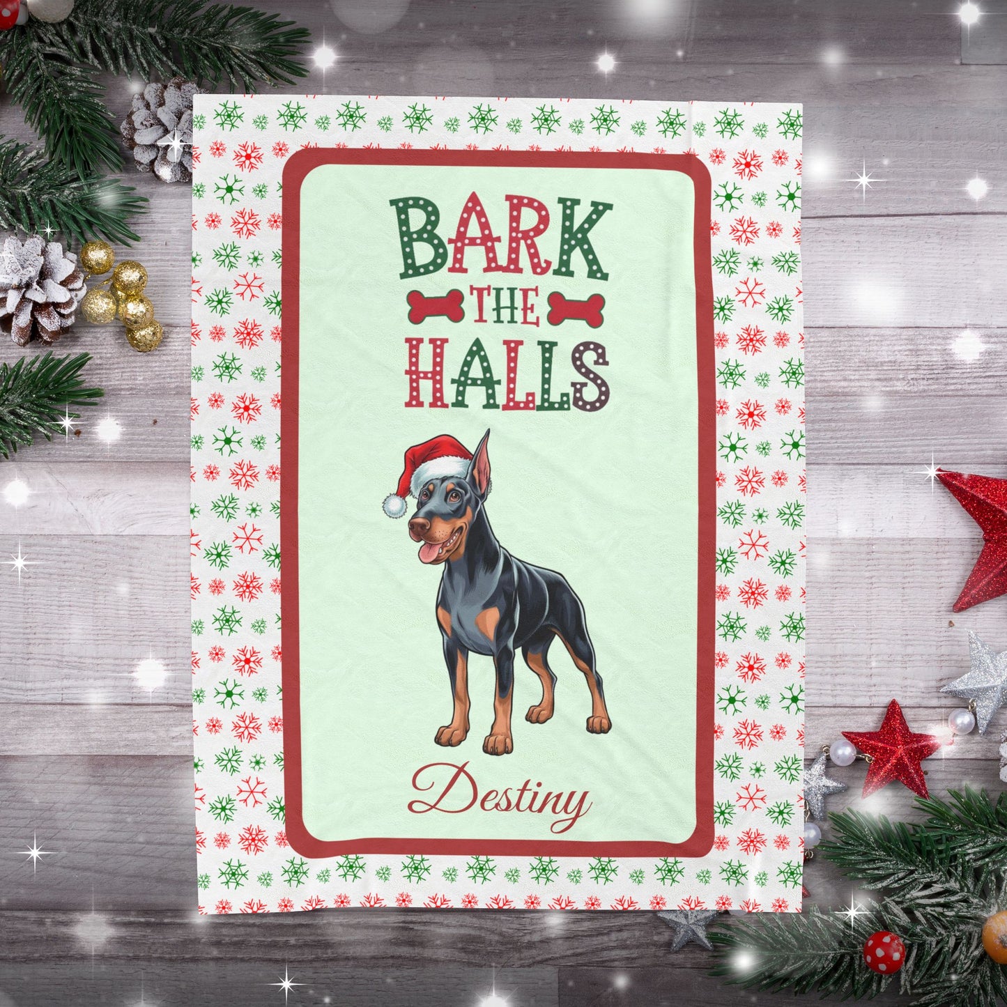 Doberman Pinscher (Blue & Rust) Custom Velveteen Blanket - festive Bark The Halls dog throw, perfect gift