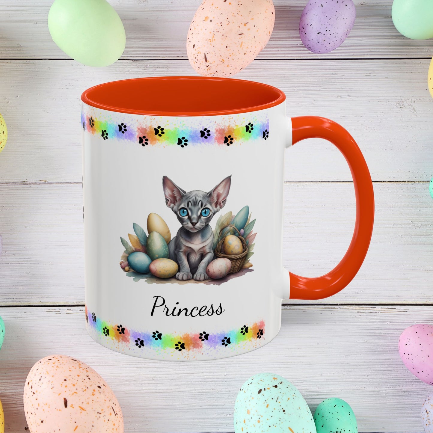Sphynx personalized Easter coffee mug, adorable kitten design, cute cat gift for mental health support