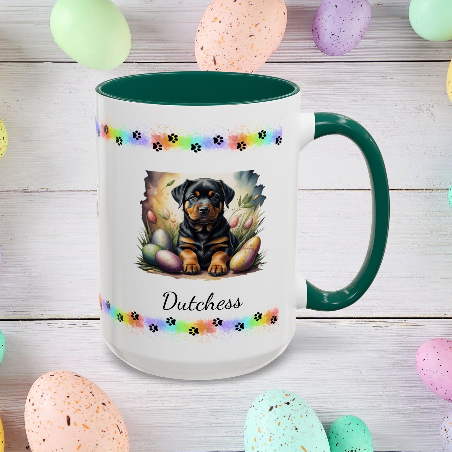 Rottweiler Easter puppy coffee mug personalized dog design, thoughtful gift for self-care and mental health awareness.