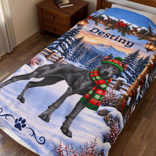 Doberman (Blue Coat) - Personalized Winter Blanket, Custom Name Velveteen Throw
