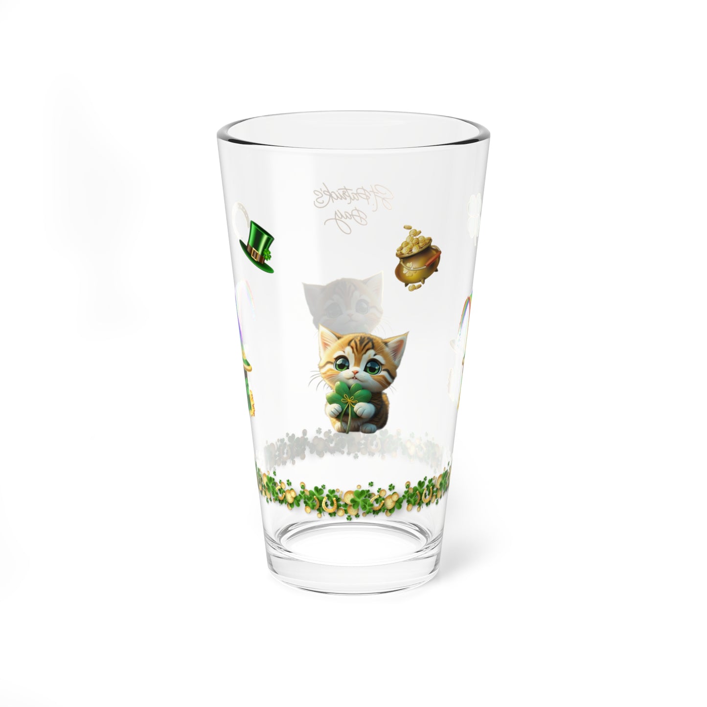 Tranquil Treasures with Tiny Whiskers: Mindful St. Patrick's Day 16oz Pint Glasses - Festive Design for Positivity & Wellness