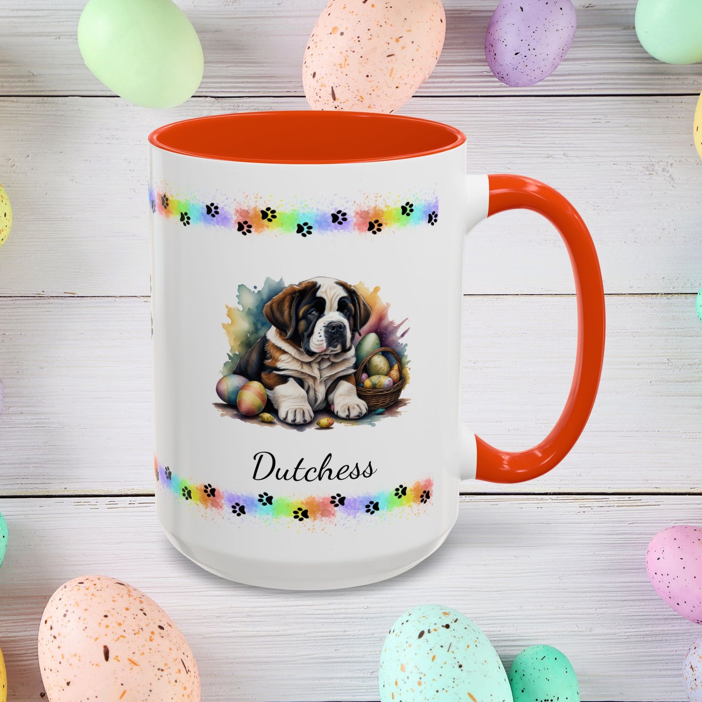 Saint Bernard: Personalized Easter Puppy Coffee Mug - Adorable Dog Design, Mental Health Gift, 11oz & 15oz, 12 Color Choices, Easter Gifts & Décor