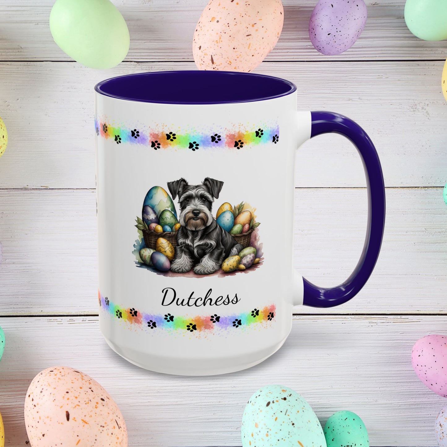 Gray Schnauzer Easter puppy coffee mug personalized for dog moms and dads, perfect for mental health awareness gifts.