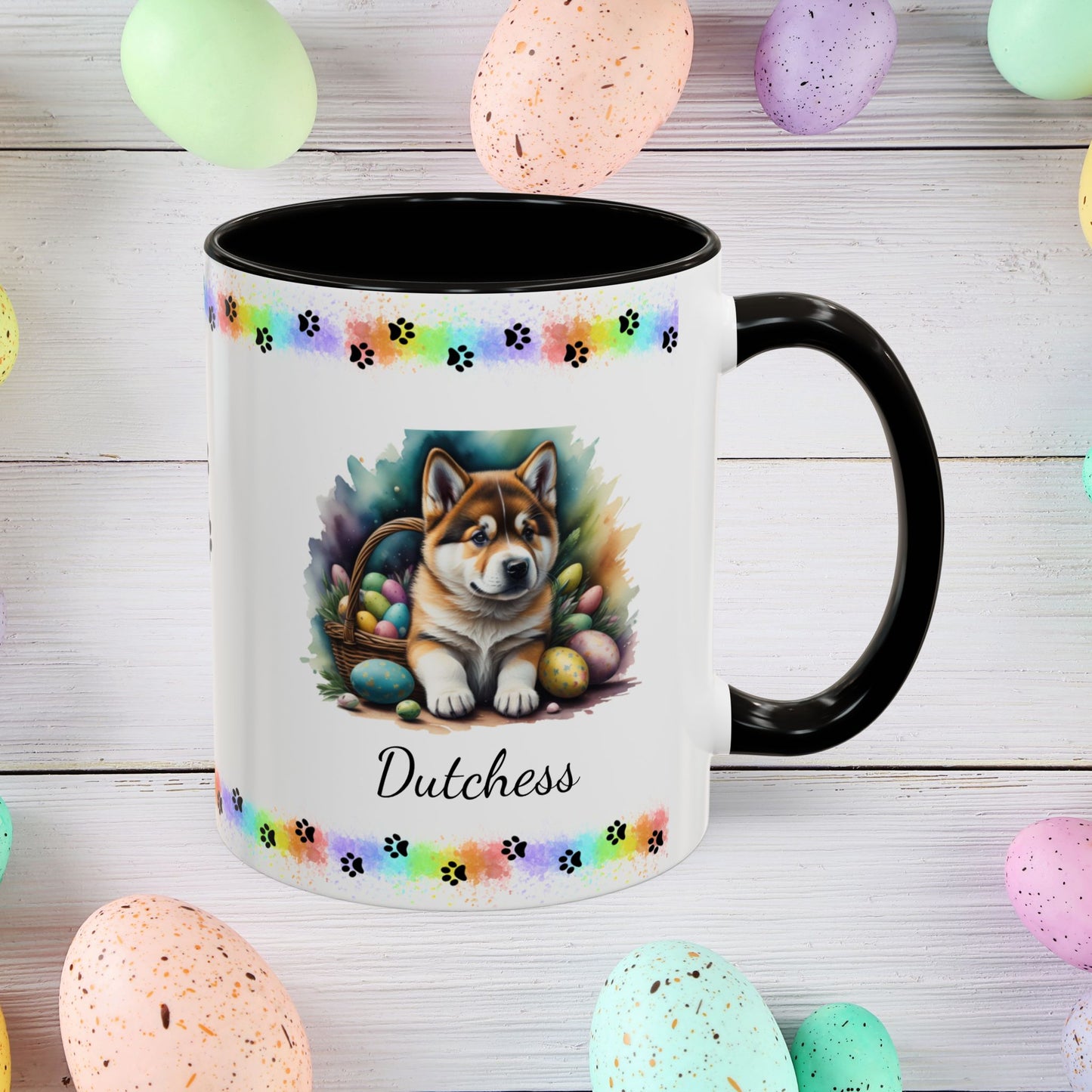 Akita personalized Easter puppy mug, cute dog coffee cup gift for mental health awareness and cozy sipping