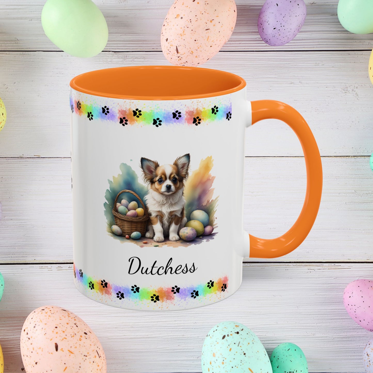 Papillon Brown & White Easter puppy coffee mug, personalized cute dog gift for mental health awareness and comfort