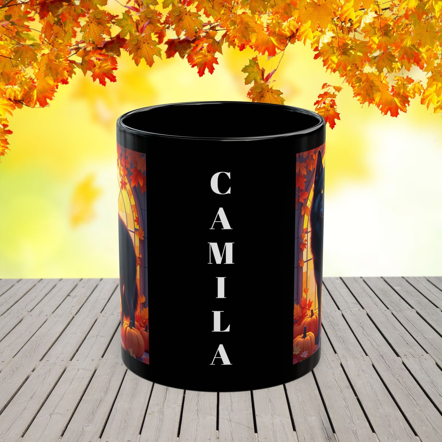 Black Siberian Husky (Amber Eyes) autumn coffee mug, personalized seasonal Husky gift for dog lovers