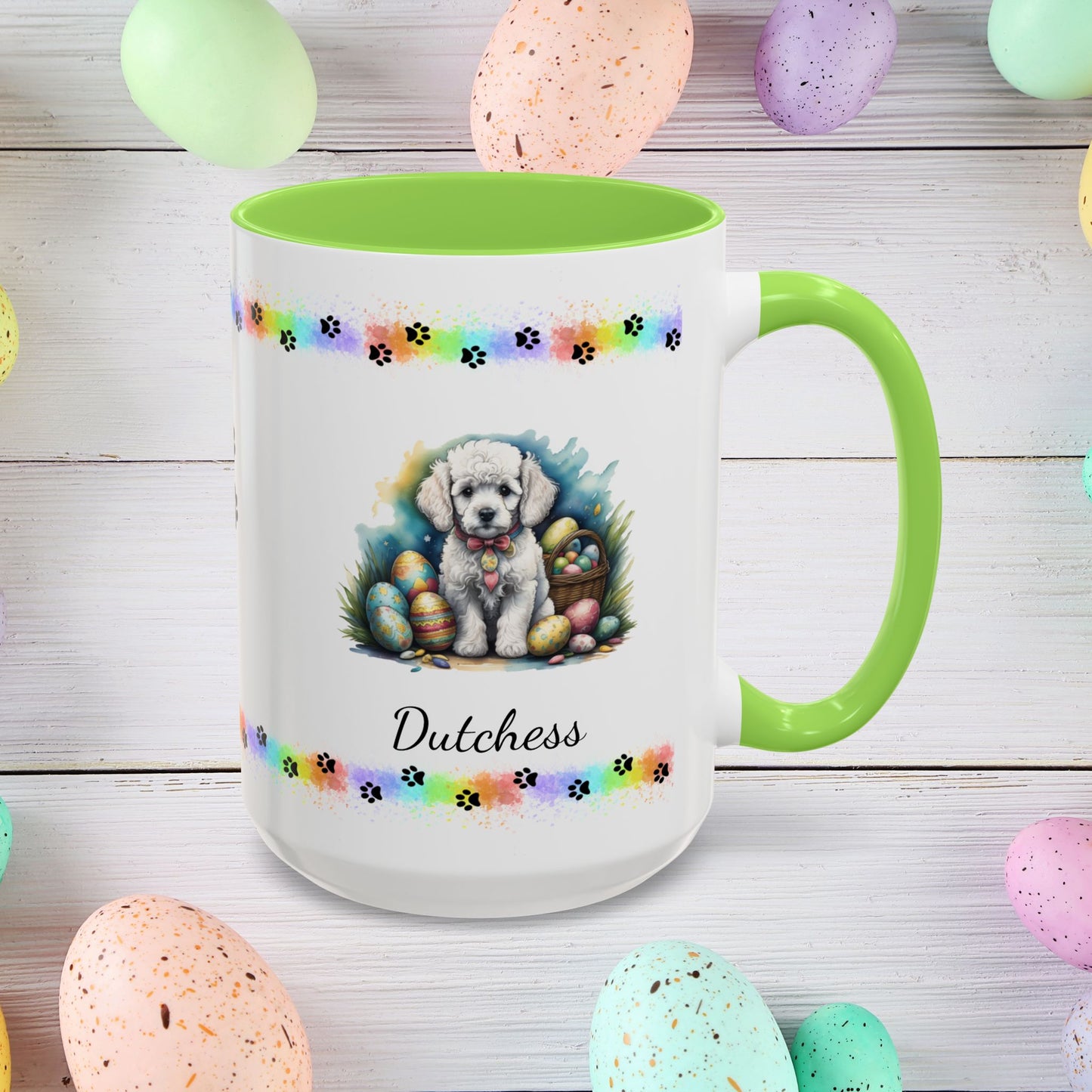 White Poodle Easter puppy coffee mug with custom dog design, perfect Easter gift for pet owners and mental wellness support.