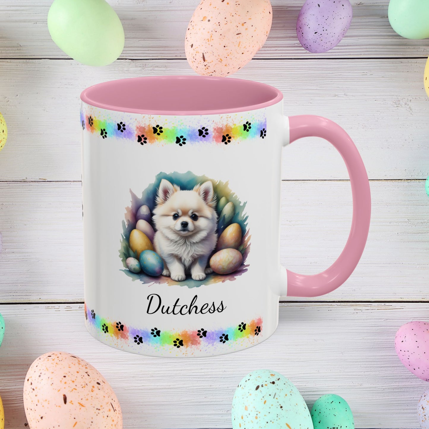 Pomeranian White Easter puppy coffee mug, personalized cute dog coffee cup gift for mental health support and comfort