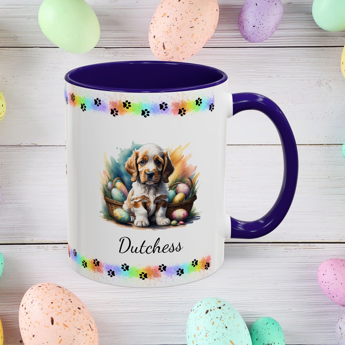 Cocker Spaniel Orange Roan personalized Easter puppy mug, cute dog coffee cup gift for mental health awareness