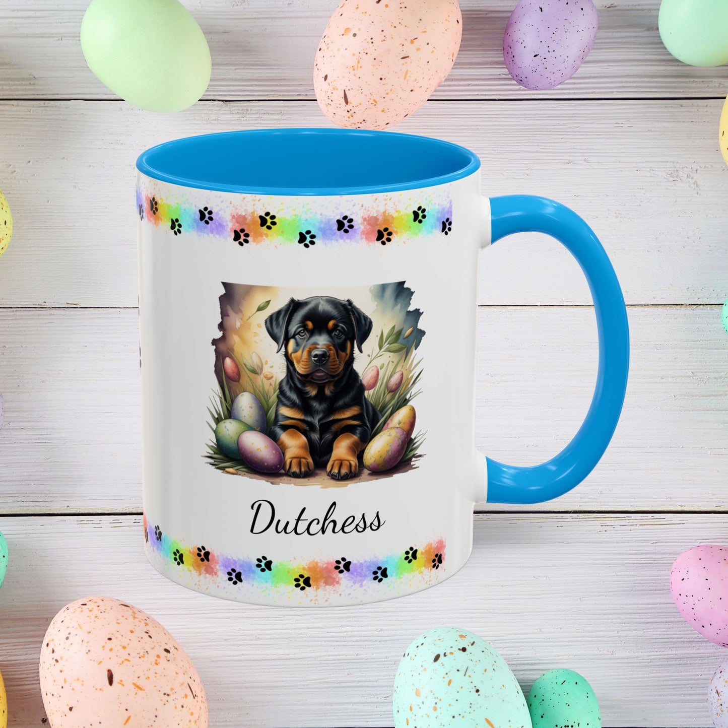 Rottweiler Easter puppy coffee mug personalized dog design, thoughtful gift for self-care and mental health awareness.