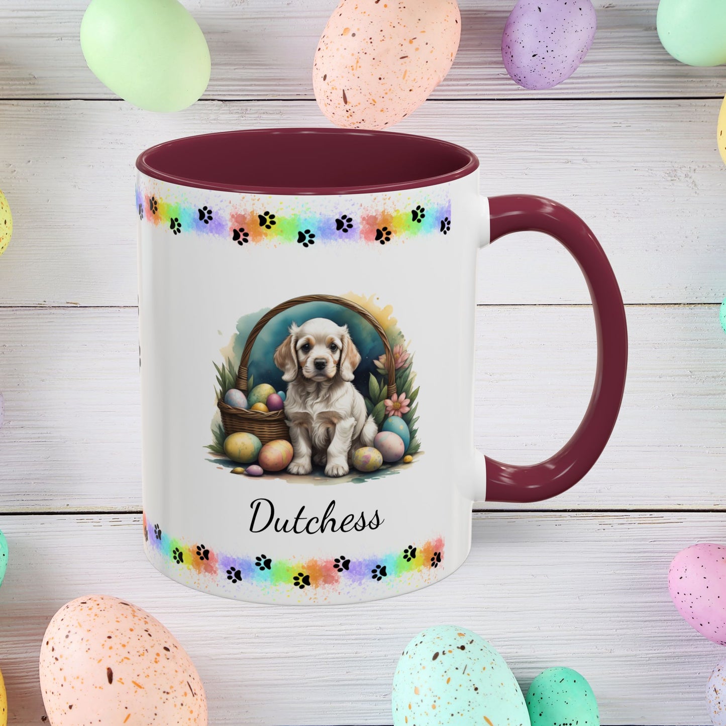 Cocker Spaniel Light Gold personalized Easter puppy mug, cute dog coffee cup gift for mental health awareness