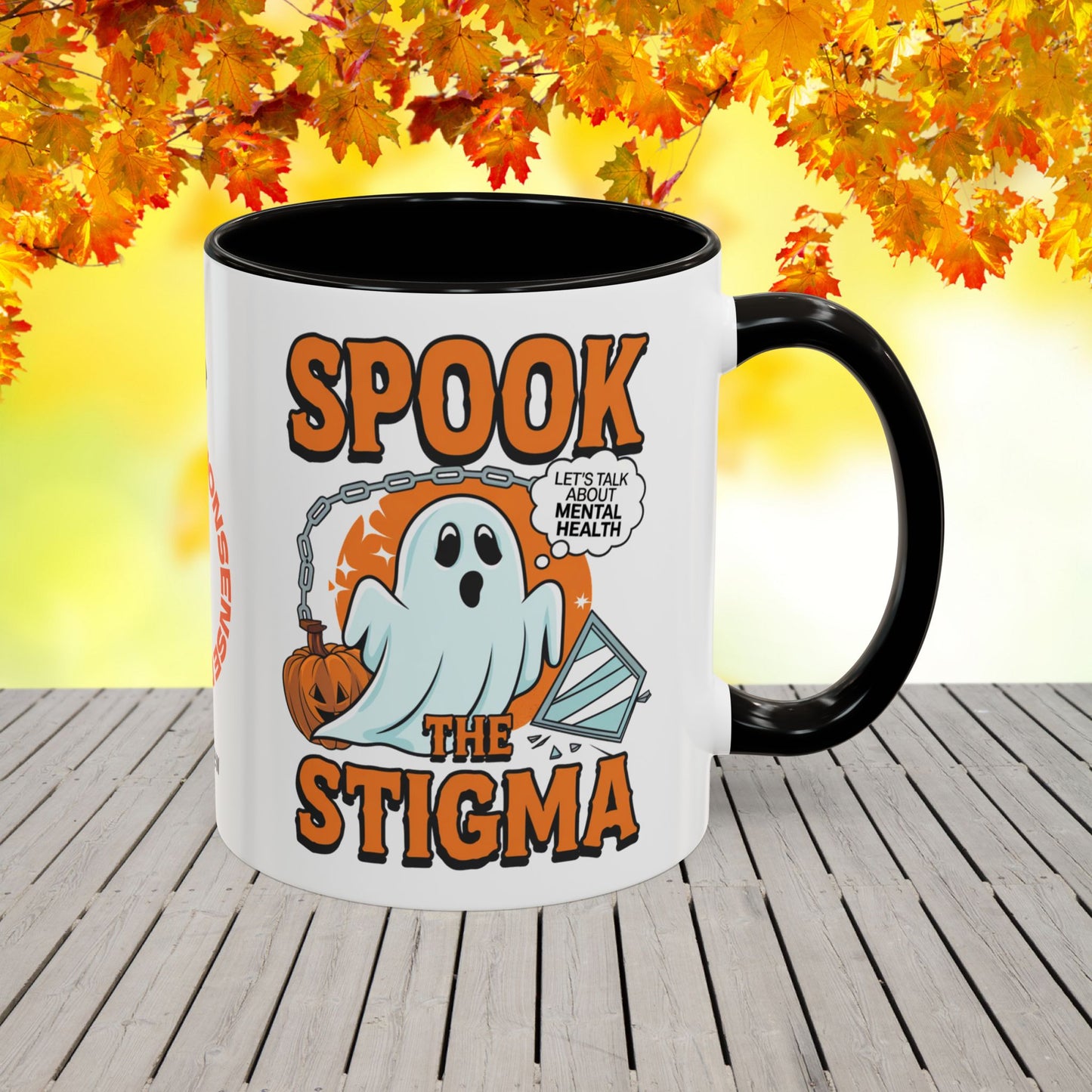 Bold Halloween mug with “Spook the Stigma” message, great for mental health awareness and fighting stigma