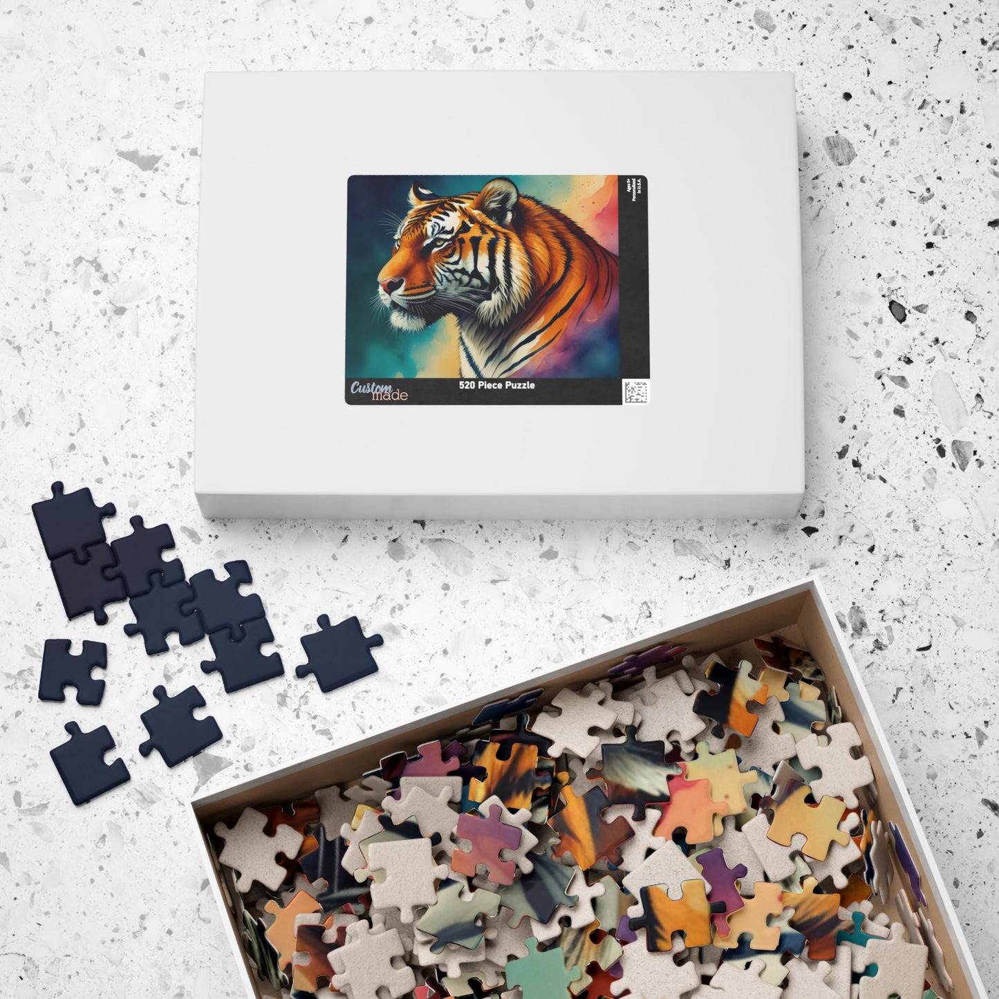 Tiger lying down peacefully, showing detailed striped fur, featured in a tranquil and artistic puzzle