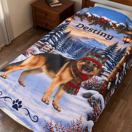 German Shepherd (Black & Tan Coat) - Personalized Winter Lodge Blanket, Custom Name Velveteen Throw - MySisterIsAsurvor
