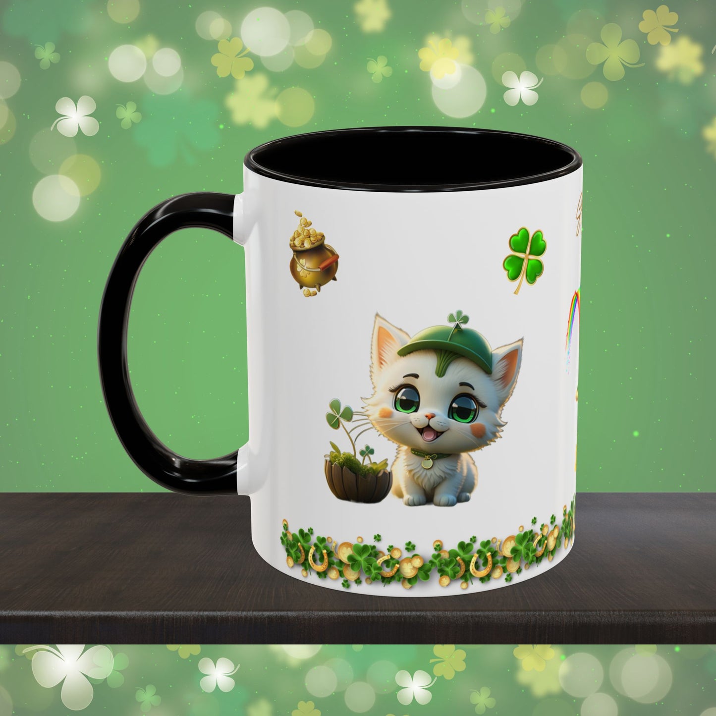 Clover Comfort Cat: St. Patrick's Day Two-Tone Coffee Mug - Festive Ceramic Mug for Positivity & Mindfulness