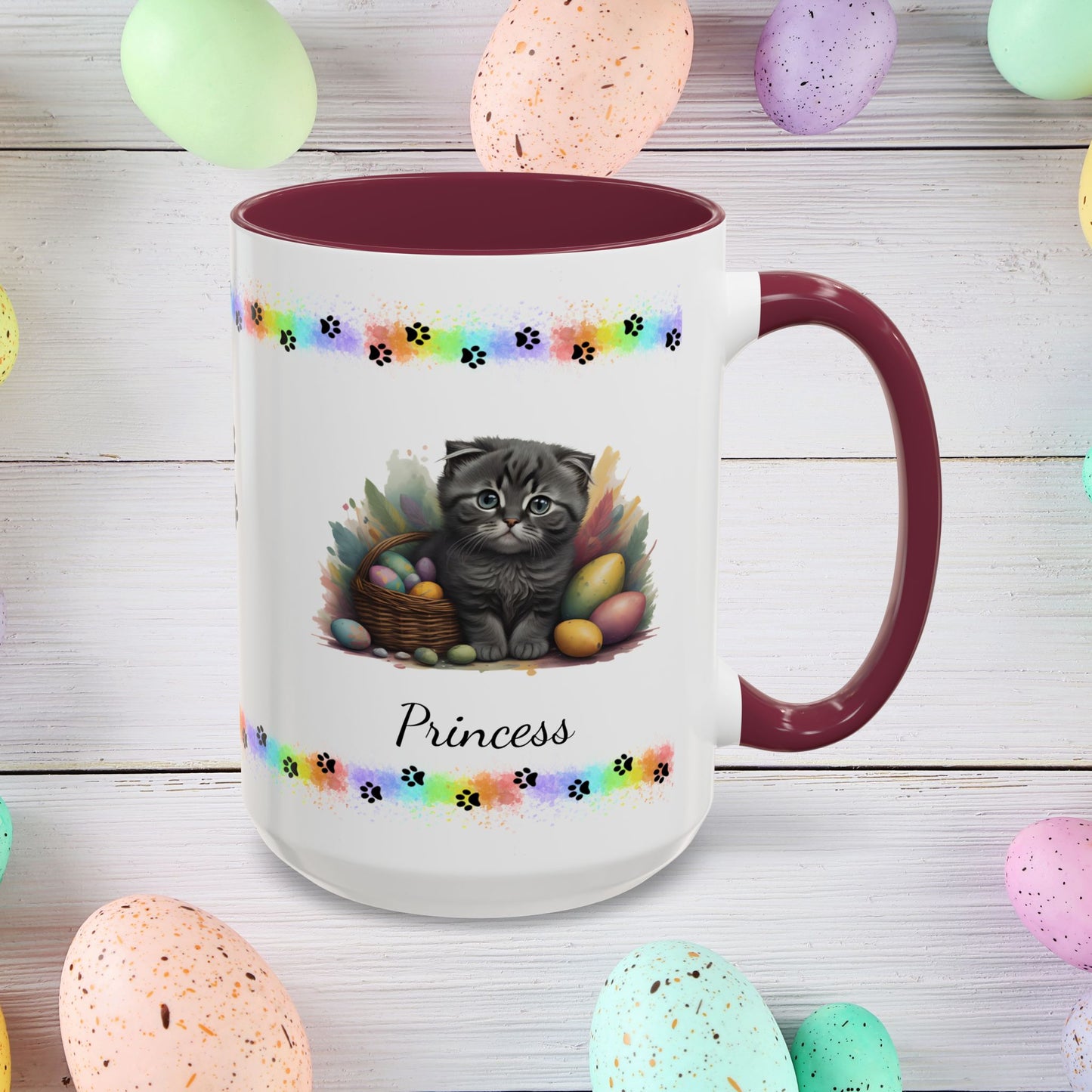 Scottish Fold Easter coffee mug, personalized kitten design, cute cat gift for mental health awareness
