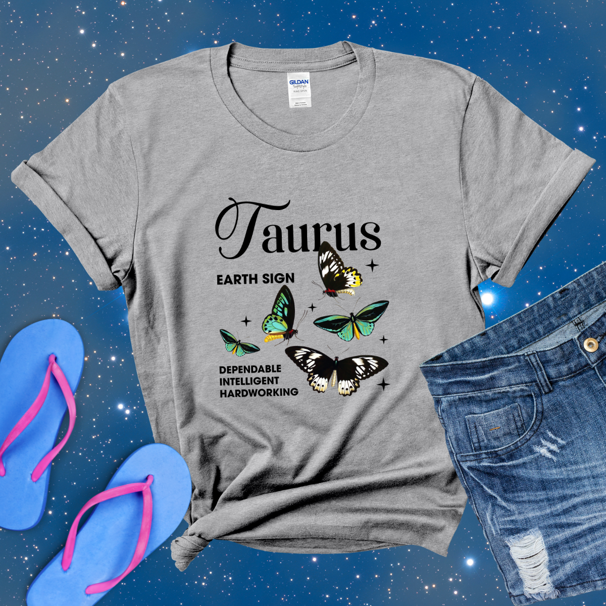 Taurus Butterfly Zodiac T-Shirt, astrology horoscope shirt, Taurus birthday gift tee for men or women
