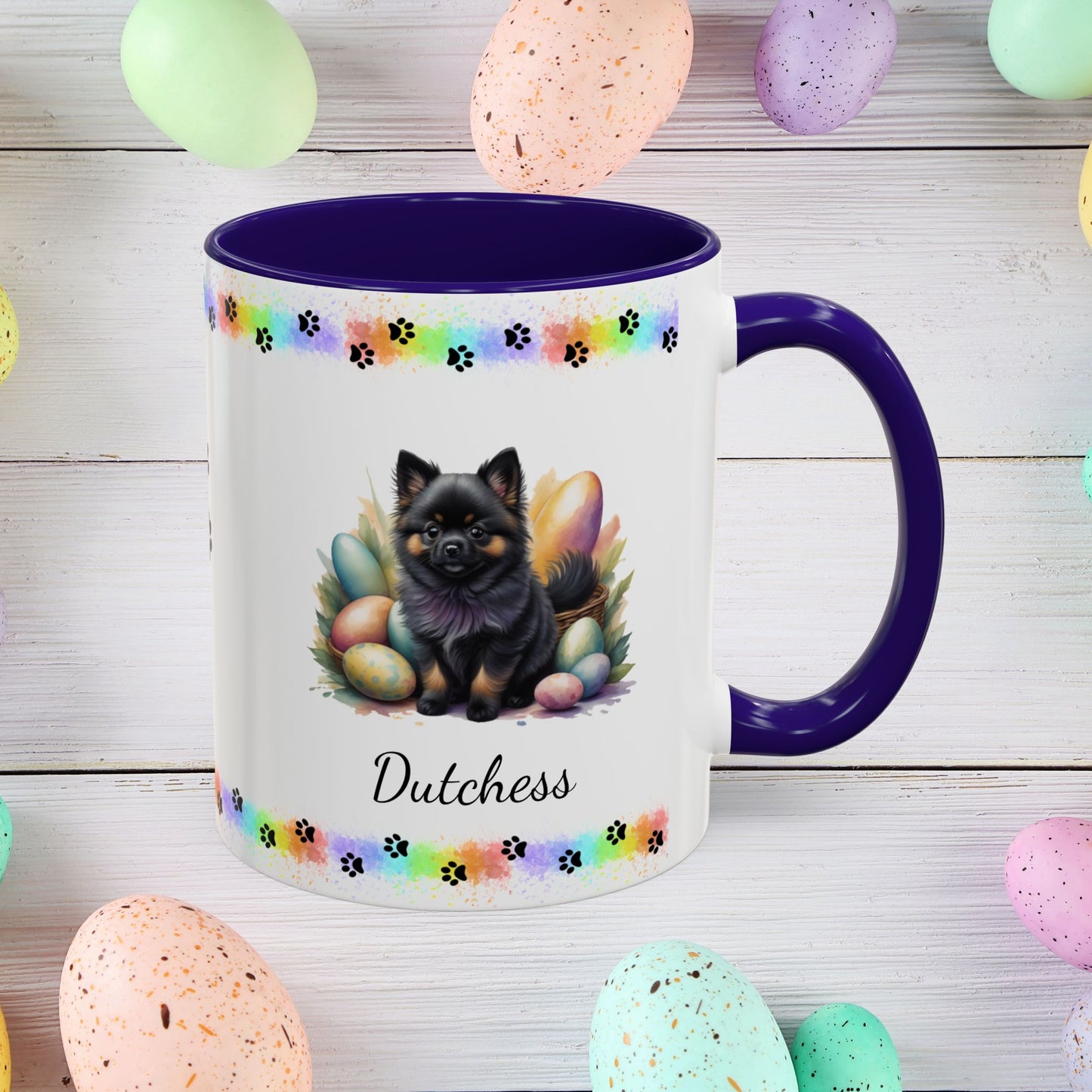Pomeranian Black & Tan Easter puppy coffee mug, personalized cute dog coffee cup gift for mental health support