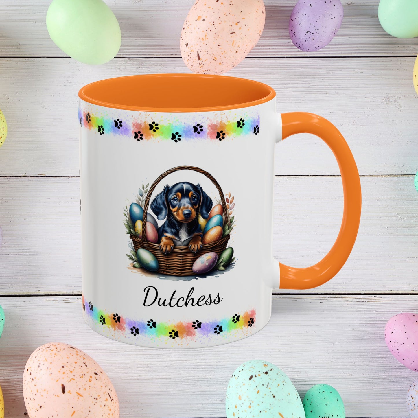 Dachshund personalized Easter puppy mug, cute dog coffee cup gift for mental health awareness and dog lovers