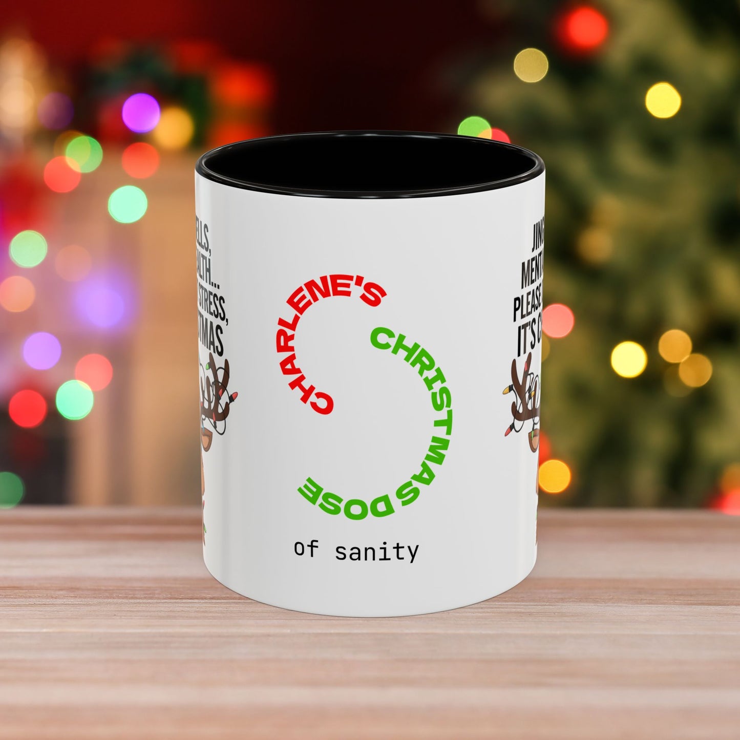 Jingle Bells, Mental Health... Please Don't Stress, It's Christmas - Fun Christmas Mug with Colorful Design and Accent Color