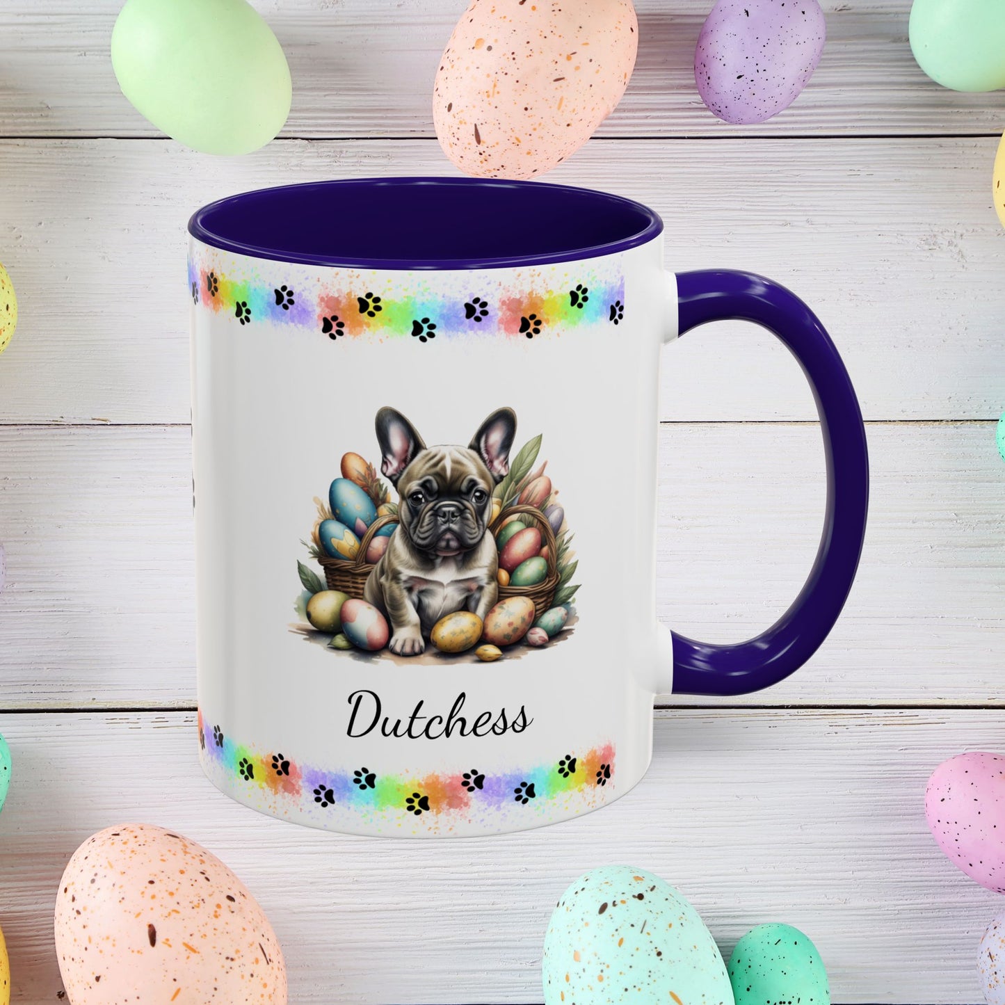 French Bulldog Brindle Easter puppy coffee mug, personalized cute dog gift for mental health support and comfort