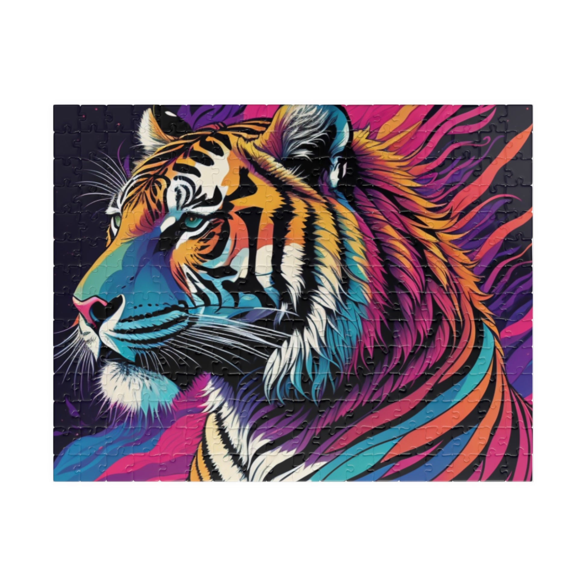 Serene tiger with a thoughtful gaze, featured in a puzzle celebrating quiet strength and balance