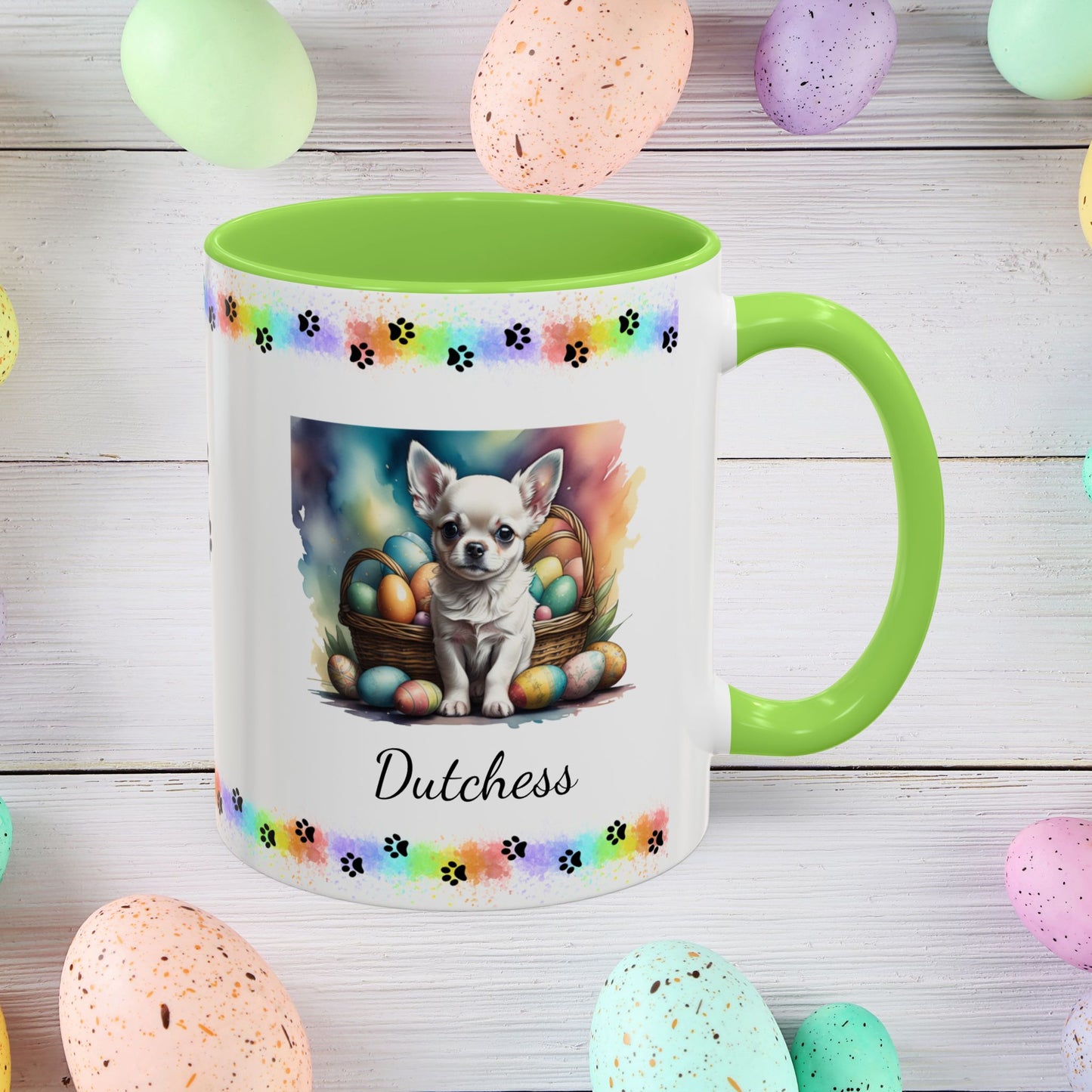 Chihuahua White personalized Easter puppy mug, cute dog coffee cup, mental health awareness gift for dog lovers