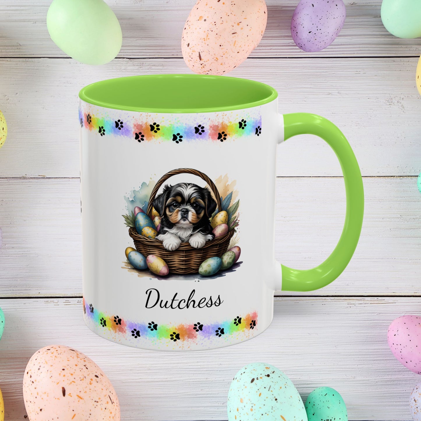 Tricolor Shih Tzu Easter puppy coffee mug personalized dog design, perfect for pet lovers and mental health awareness.