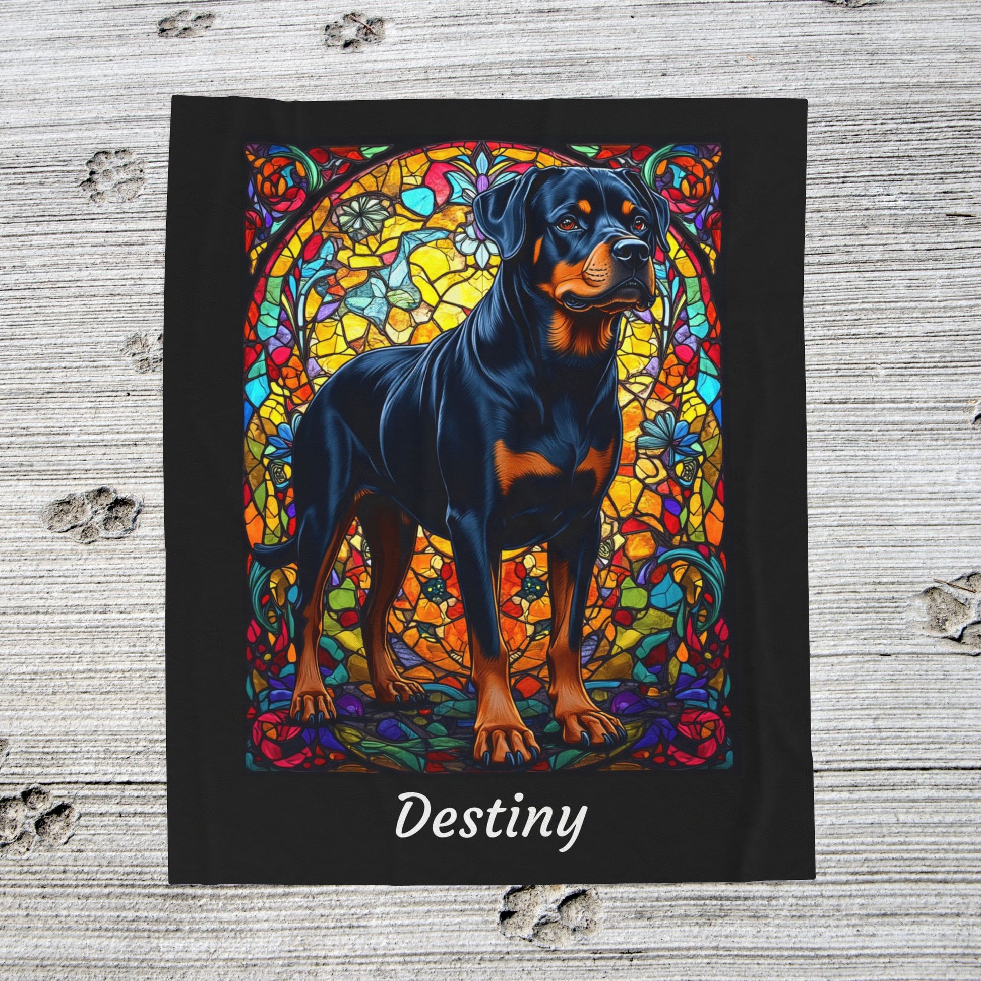 Rottweiler Black & Rust Coat Blanket, Velveteen Plush Stained Glass Dog Throw, Custom Pet Lover Gift