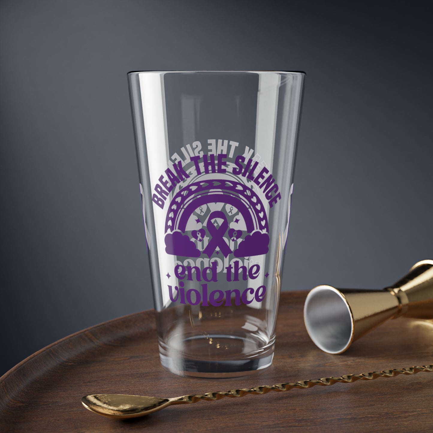 Pint glass featuring Break the Silence End the Violence message for DV support