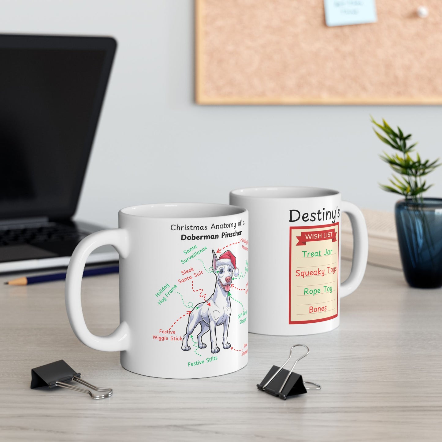 White Doberman Christmas dog anatomy mug, custom holiday cup for breed enthusiasts