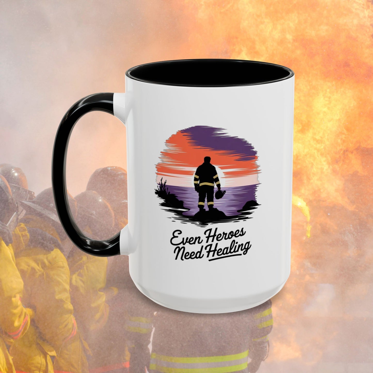 Even Heroes Need Healing, Firefighter - Mental Health Awareness for Firefighters, Accent Coffee Mug (11, 15oz)