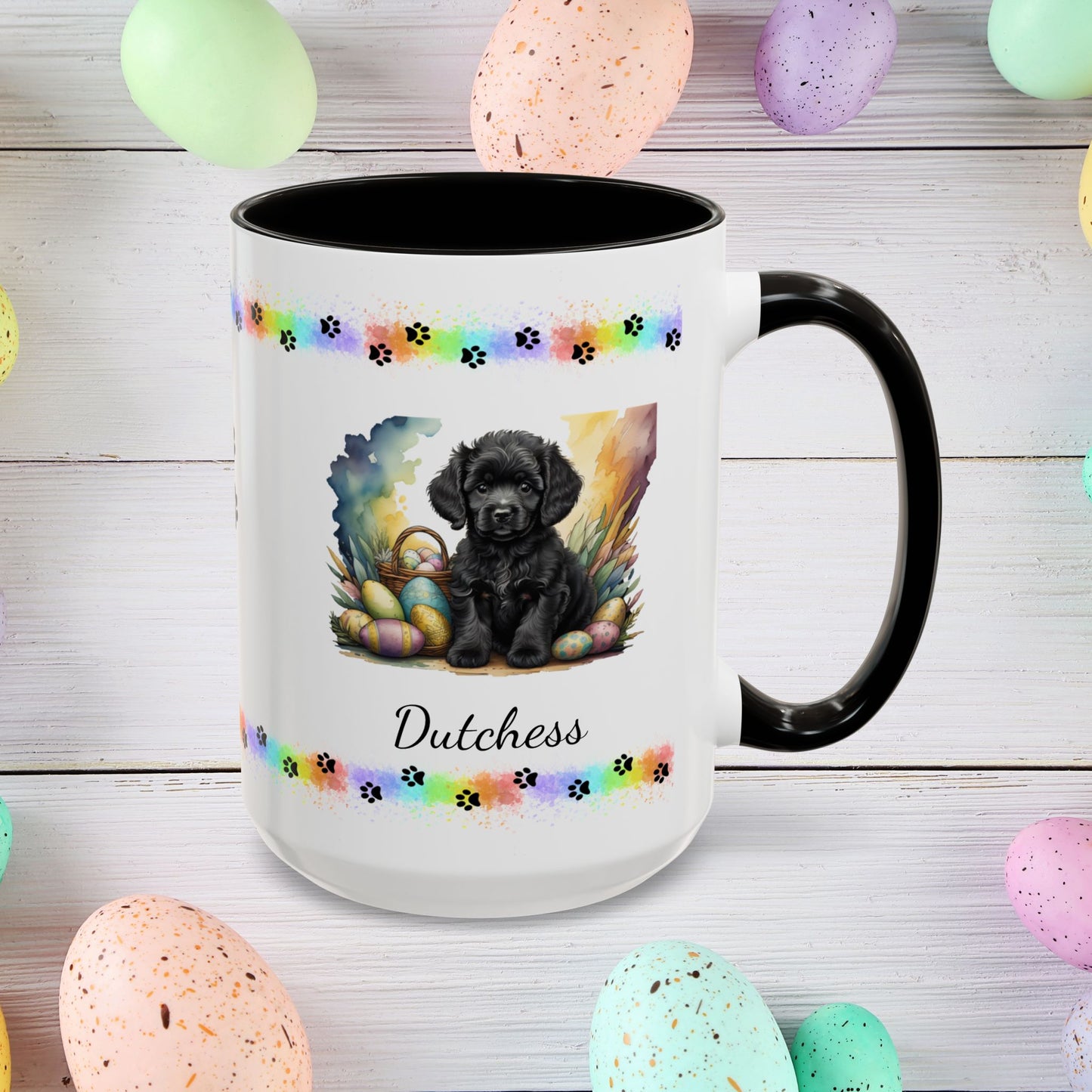 Adorable black Poodle Easter puppy coffee mug personalized dog gift, perfect for mental health awareness and spring joy.