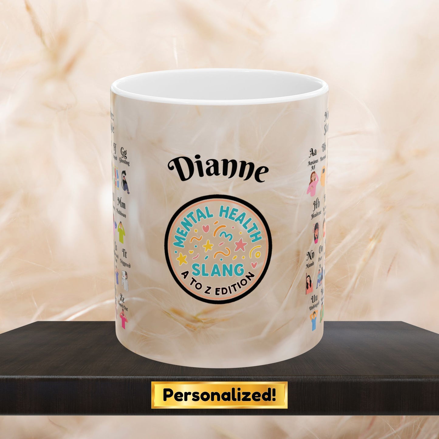 Mindset Decoder Mug with A-Z therapy and mental health slang, personalized for a daily boost of positivity and healing.