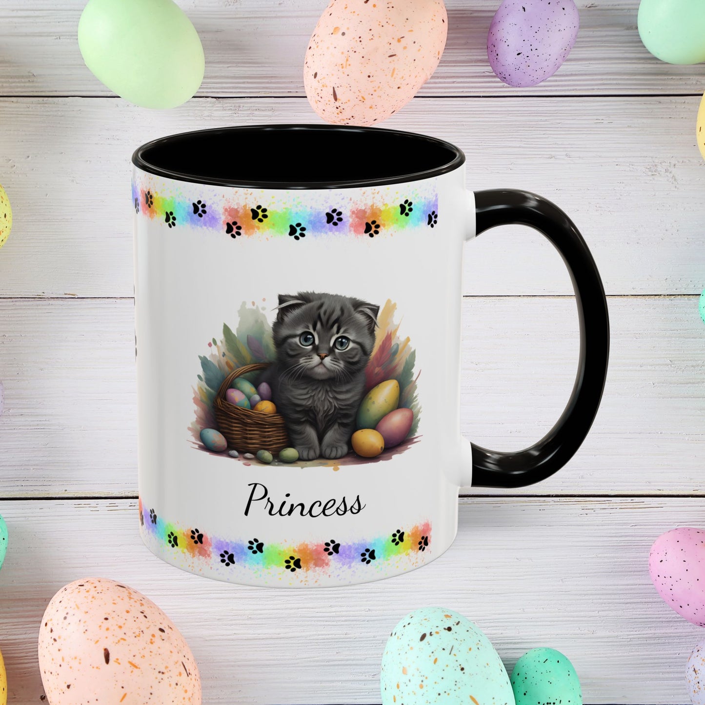 Scottish Fold Easter coffee mug, personalized kitten design, cute cat gift for mental health awareness
