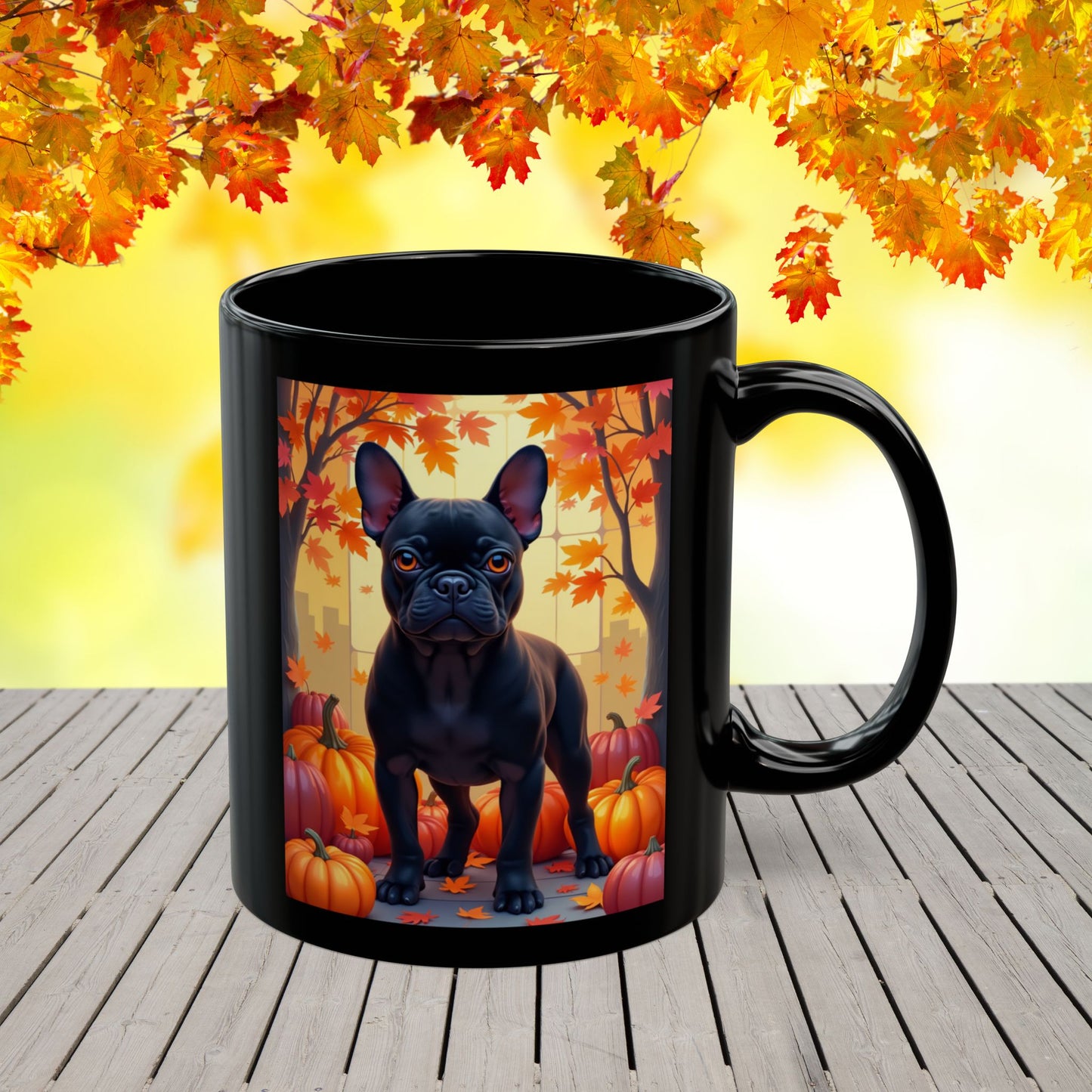 French Bulldog Black - Cozy autumn coffee mug, dog lover gift for Frenchie moms and dads