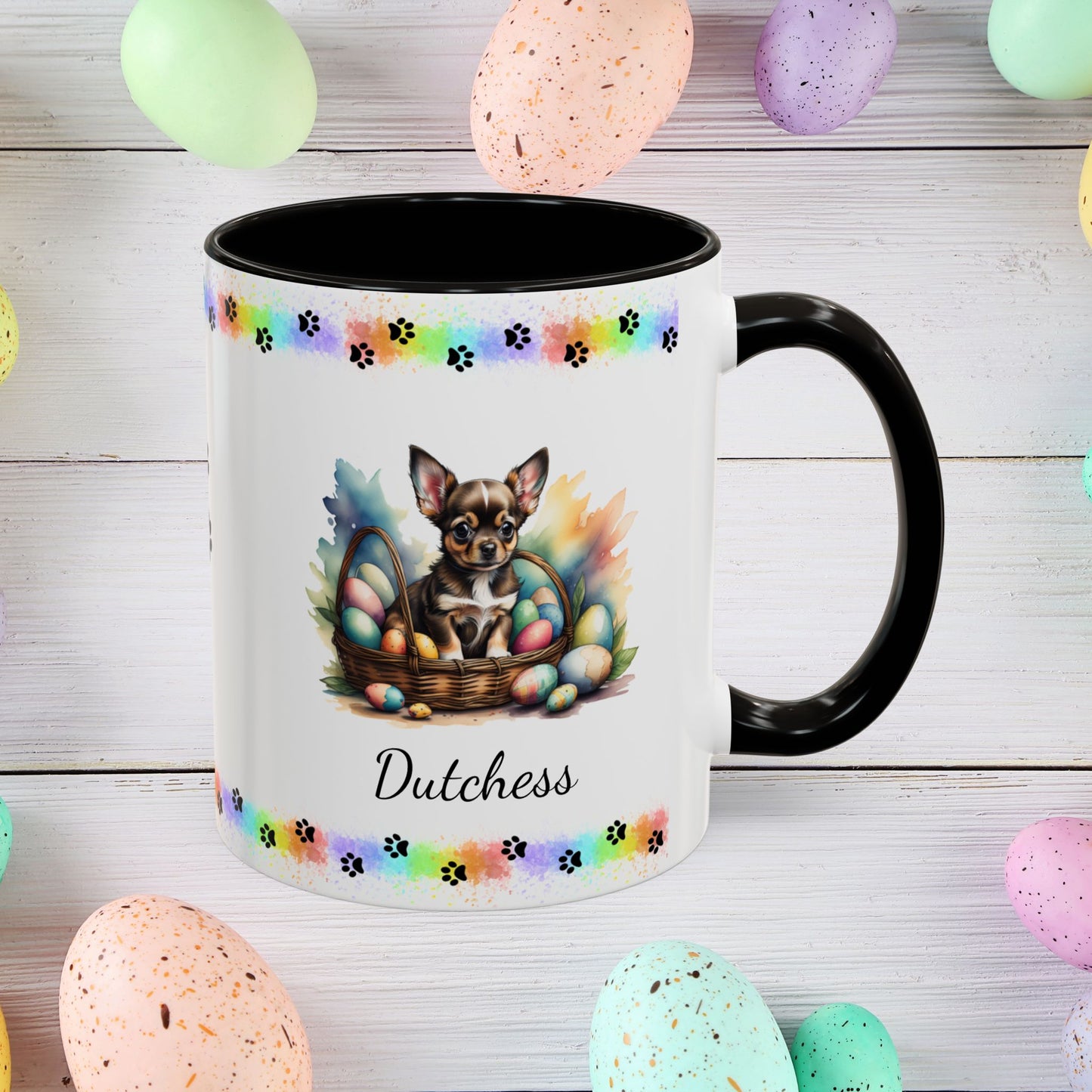 Chihuahua (Black Tri): Personalized Easter Puppy Coffee Mug - Adorable Dog Design, Mental Health Gift, 11oz & 15oz, 12 Color Choices, Easter Gifts & Décor