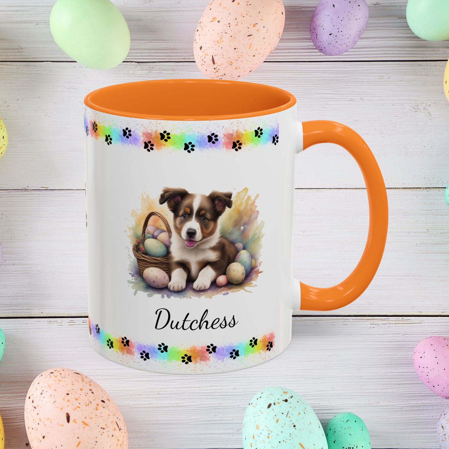 Border Collie Brown & White personalized Easter puppy mug, cute dog coffee cup, mental health awareness gift