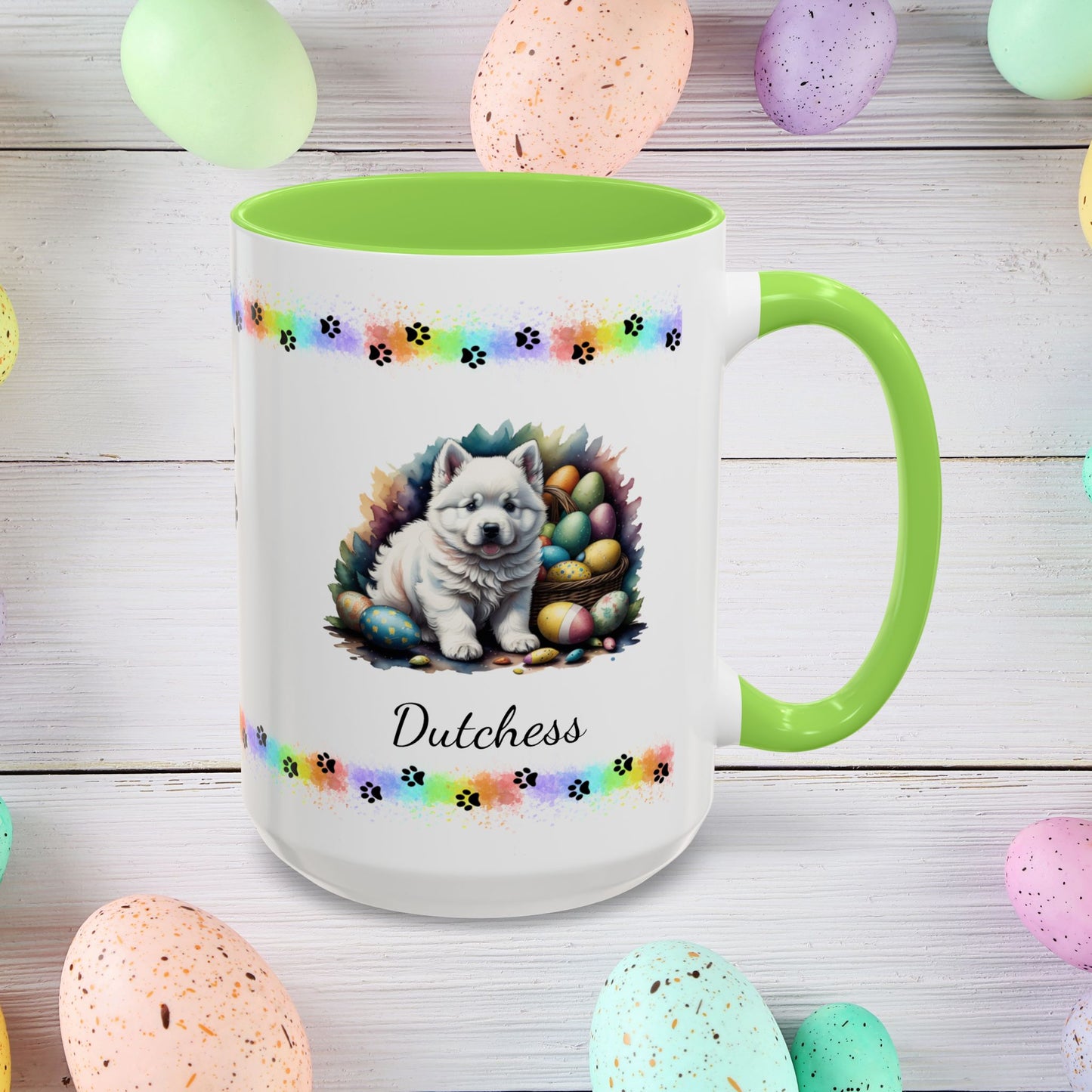 Samoyed Easter puppy coffee mug personalized dog design, cozy mental health gift for spring and daily mindfulness.