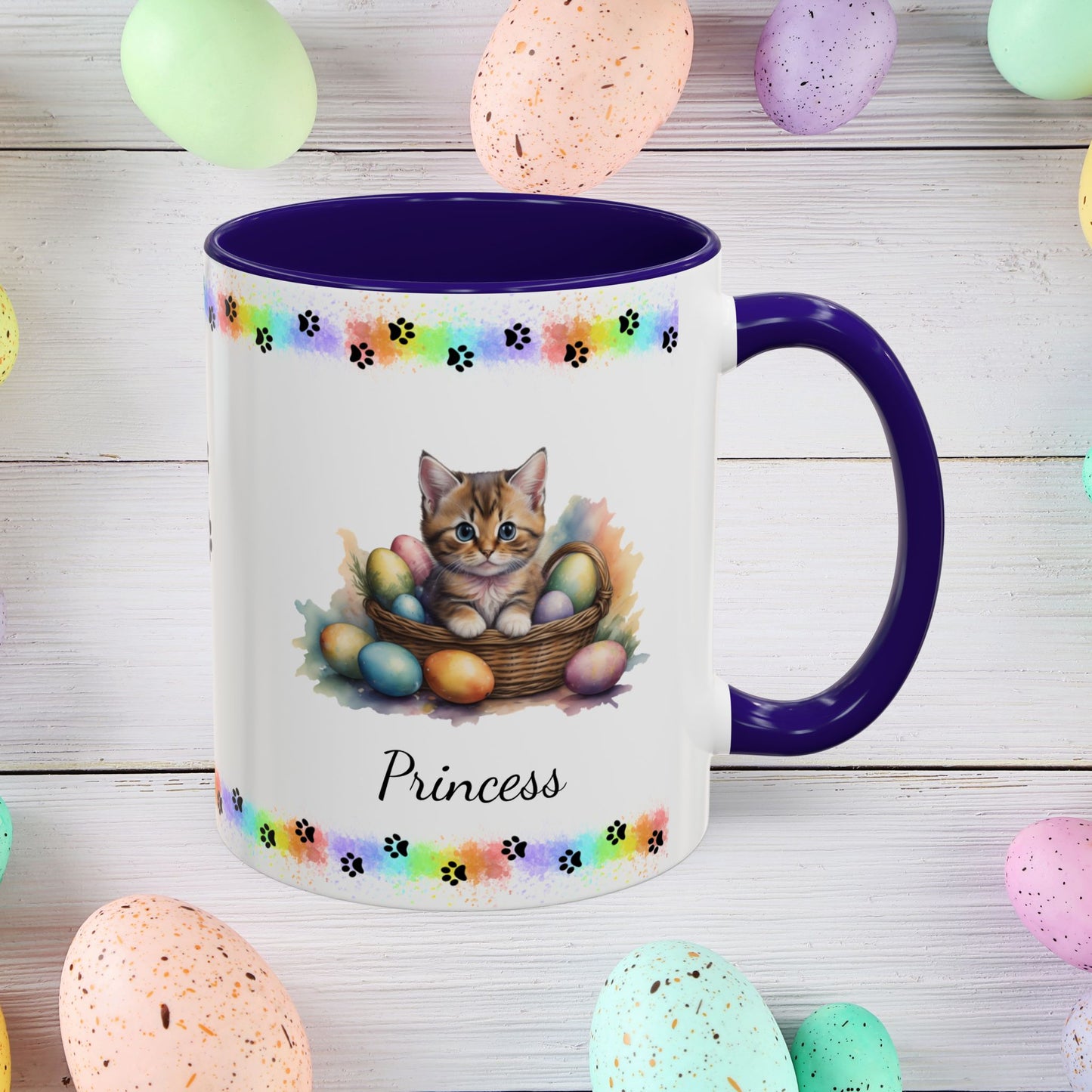 Munchkin personalized Easter coffee mug, cute kitten design, mental health awareness gift for cat lovers