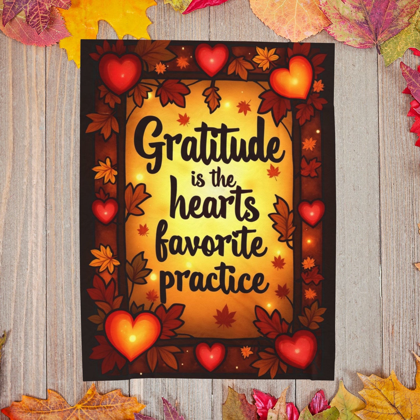 Mindful fall blanket with “Gratitude Is the Heart’s Favorite Practice,” warm calming tones and fall décor.