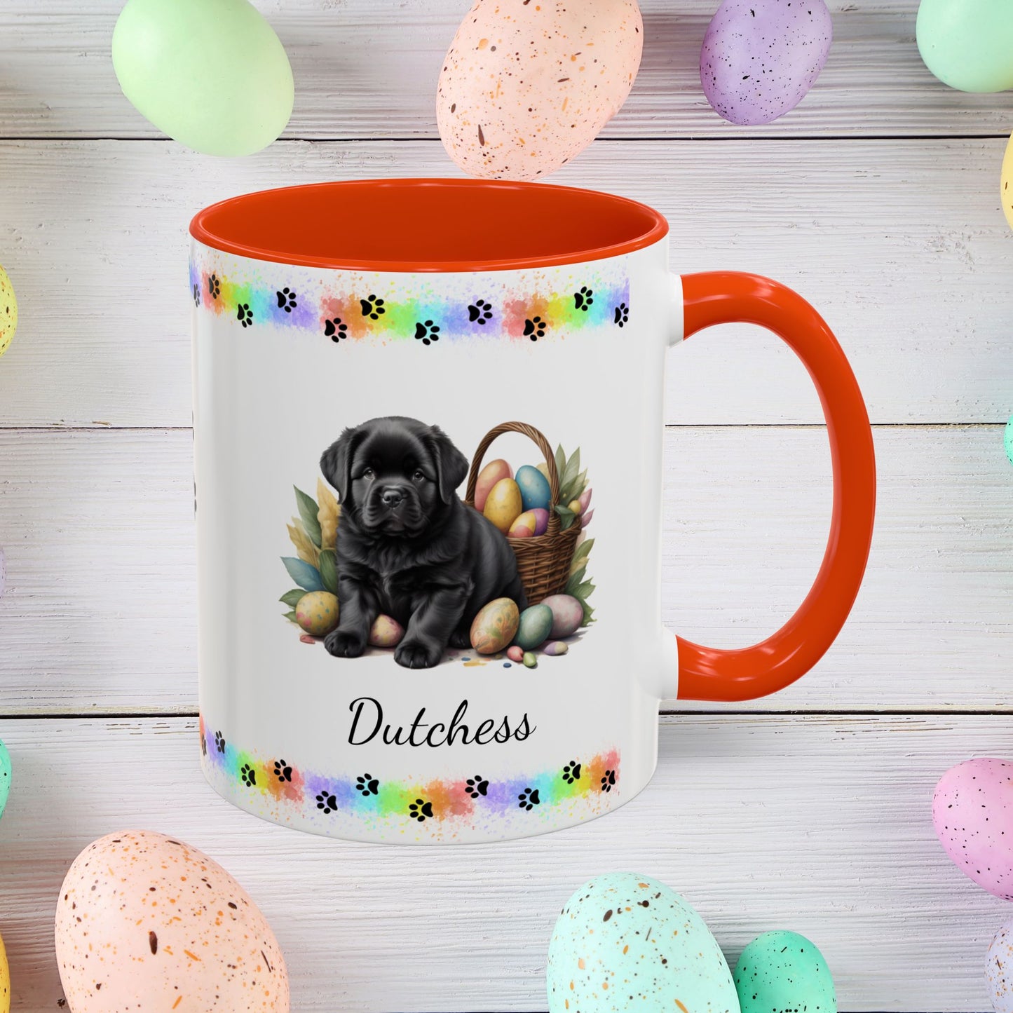 Newfoundland Black Easter puppy coffee mug, personalized cute dog gift for mental health awareness and cozy sipping